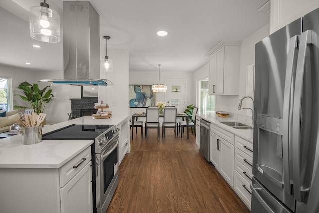 2307 Sherwood Cir, Bloomington, MN 55431 - kitchen featuring appliances with stainless steel finishes, island exhaust hood, a sink, light countertops, and dark wood-style flooring