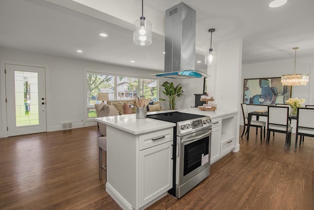 2307 Sherwood Cir, Bloomington, MN 55431 - kitchen with island exhaust hood, stainless steel electric stove, dark wood-type flooring, open floor plan, and recessed lighting