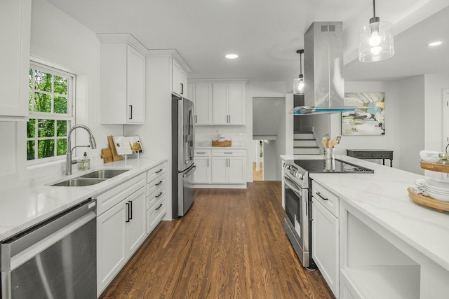 2307 Sherwood Cir, Bloomington, MN 55431 - kitchen with appliances with stainless steel finishes, a sink, island range hood, white cabinetry, and dark wood finished floors