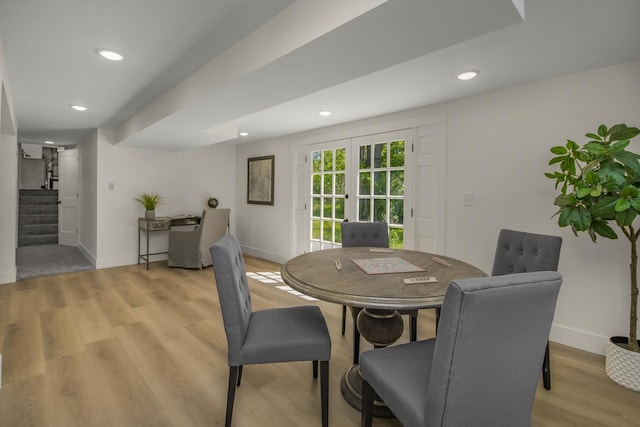 2307 Sherwood Cir, Bloomington, MN 55431 - dining room with stairs, recessed lighting, light wood-style floors, and baseboards