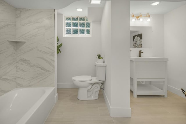 2307 Sherwood Cir, Bloomington, MN 55431 - full bath featuring baseboards, toilet, vanity, tile patterned flooring, and washtub / shower combination