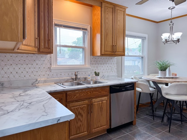 1759 Arlington Ave E, Saint Paul, MN 55106 - kitchen with stainless steel dishwasher, a sink, backsplash, brown cabinetry, and ornamental molding