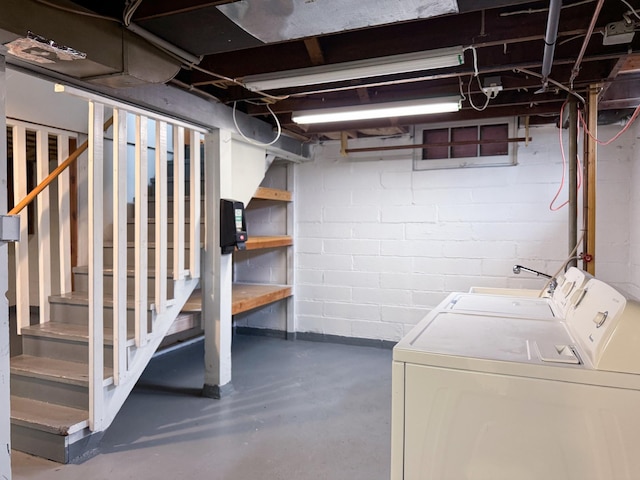 1759 Arlington Ave E, Saint Paul, MN 55106 - unfinished basement featuring washer and dryer, stairs, and concrete block wall