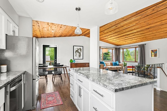 315 Pleasant View Rd, Duluth, MN 55803 - kitchen featuring stainless steel appliances, vaulted ceiling, a center island, wooden ceiling, and white cabinetry