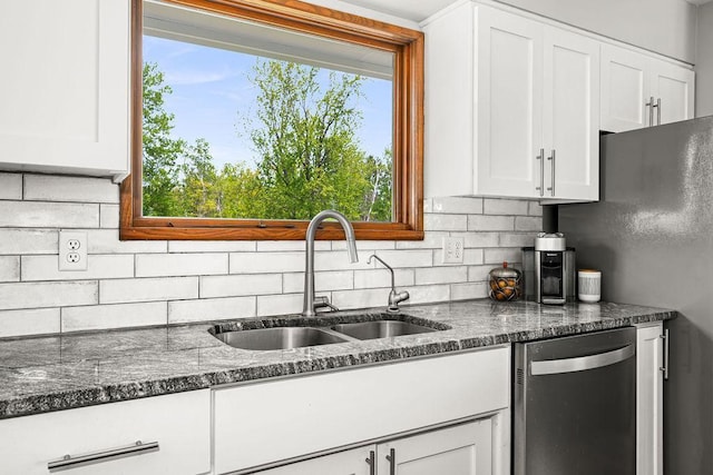 315 Pleasant View Rd, Duluth, MN 55803 - kitchen featuring stainless steel dishwasher, a sink, decorative backsplash, white cabinets, and dark stone countertops