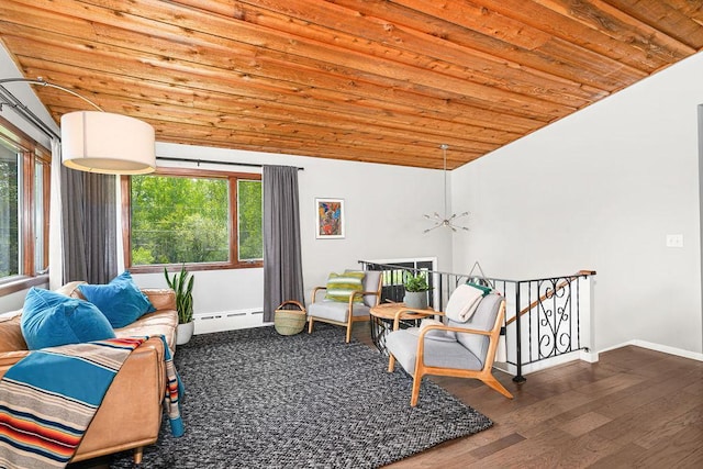 315 Pleasant View Rd, Duluth, MN 55803 - living area featuring wooden ceiling, vaulted ceiling, wood finished floors, a baseboard radiator, and baseboards