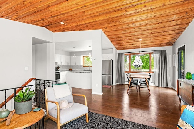 315 Pleasant View Rd, Duluth, MN 55803 - sitting room featuring wooden ceiling, dark wood-type flooring, baseboards, and lofted ceiling