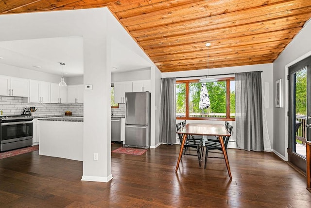 315 Pleasant View Rd, Duluth, MN 55803 - dining room featuring lofted ceiling, dark wood-style floors, baseboards, and wooden ceiling