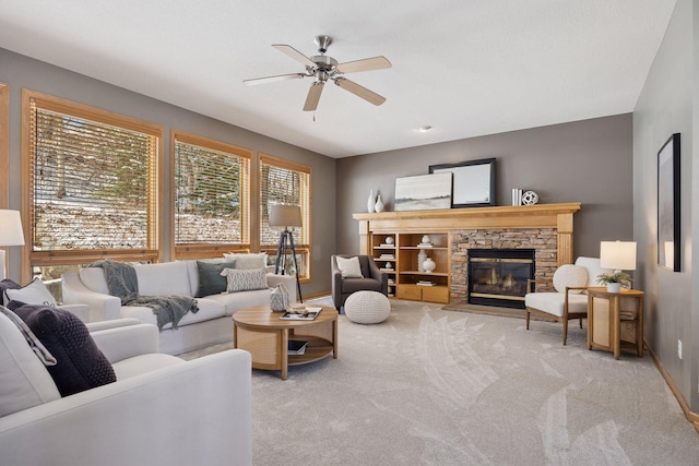 1496 Pinetree Trl, Eagan, MN 55122 - carpeted living area featuring a ceiling fan, a fireplace, and baseboards