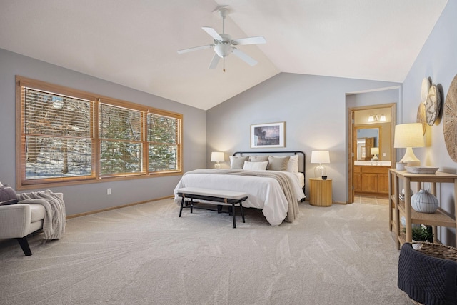 1496 Pinetree Trl, Eagan, MN 55122 - bedroom featuring light carpet, lofted ceiling, baseboards, ceiling fan, and ensuite bathroom