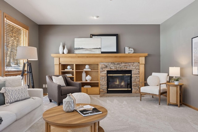 1496 Pinetree Trl, Eagan, MN 55122 - living room with carpet floors, a stone fireplace, and baseboards