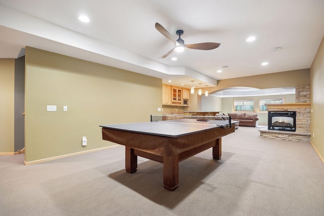 1496 Pinetree Trl, Eagan, MN 55122 - rec room with light carpet, ceiling fan, baseboards, recessed lighting, and a fireplace