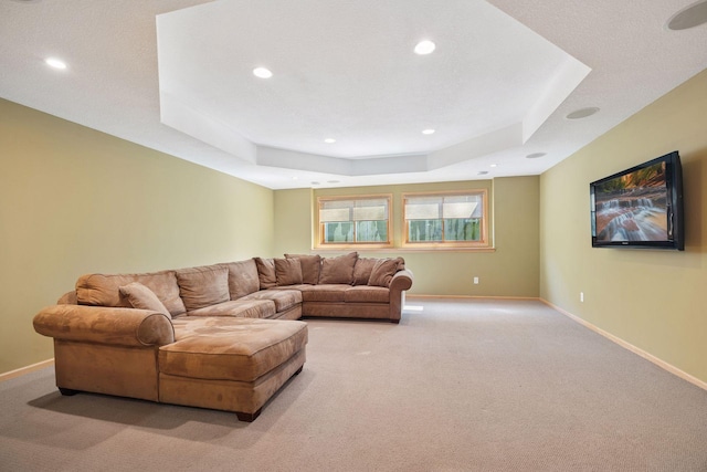 1496 Pinetree Trl, Eagan, MN 55122 - living area featuring light carpet, baseboards, recessed lighting, and a tray ceiling