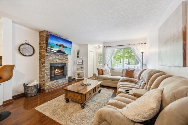 9955 Russell Ave N Unit 10, Brooklyn Park, MN 55444 - living area featuring a textured ceiling, wood finished floors, a fireplace, and baseboards