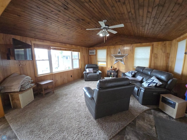 14768 Tradewinds Rd, Lake Eunice Twp, MN 56511 - living area featuring lofted ceiling, wooden walls, ceiling fan, and wooden ceiling