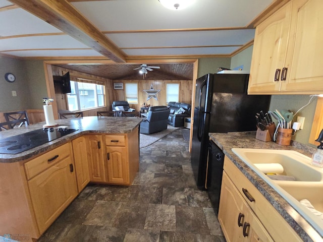 14768 Tradewinds Rd, Lake Eunice Twp, MN 56511 - kitchen featuring black appliances, a sink, light brown cabinets, ceiling fan, and dark stone finish flooring
