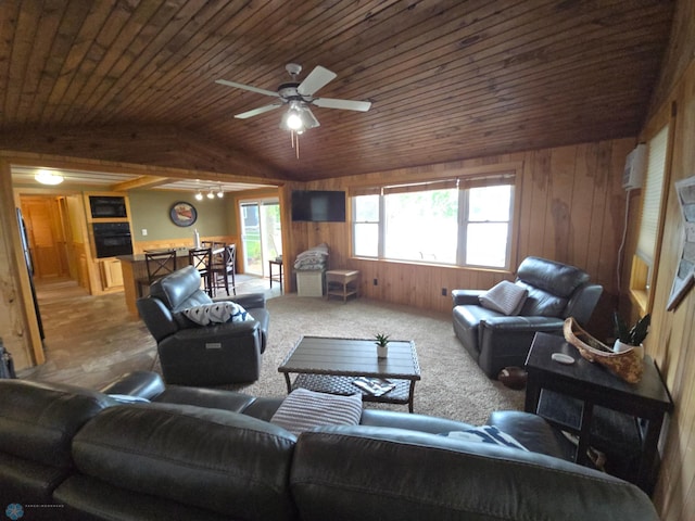 14768 Tradewinds Rd, Lake Eunice Twp, MN 56511 - living room with lofted ceiling, wooden walls, ceiling fan, carpet, and wooden ceiling
