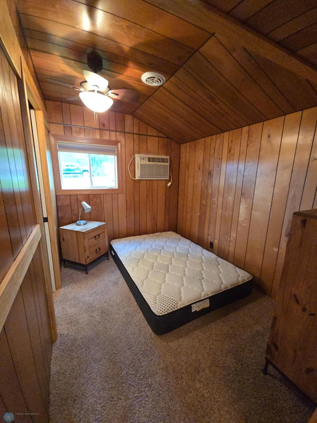 14768 Tradewinds Rd, Lake Eunice Twp, MN 56511 - carpeted bedroom featuring wooden ceiling, a wall mounted air conditioner, vaulted ceiling, and wooden walls