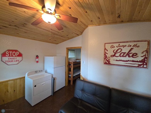 14768 Tradewinds Rd, Lake Eunice Twp, MN 56511 - washroom with washer / dryer, wooden ceiling, a wainscoted wall, ceiling fan, and wood walls