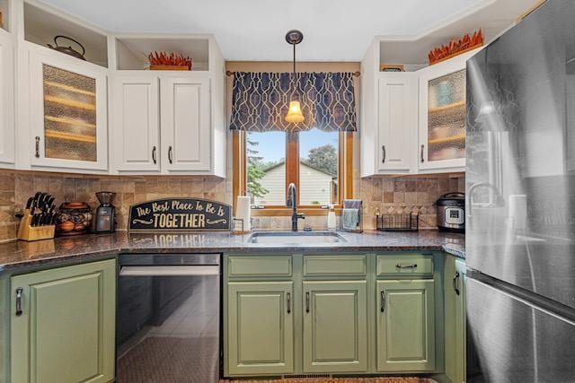 1525 21st Ave NW, Faribault, MN 55021 - kitchen featuring freestanding refrigerator, dishwasher, a sink, and green cabinetry