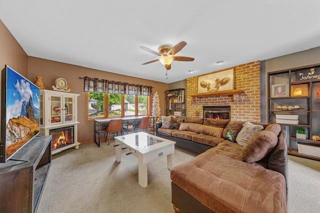 1525 21st Ave NW, Faribault, MN 55021 - living room featuring a brick fireplace, carpet floors, ceiling fan, and baseboards