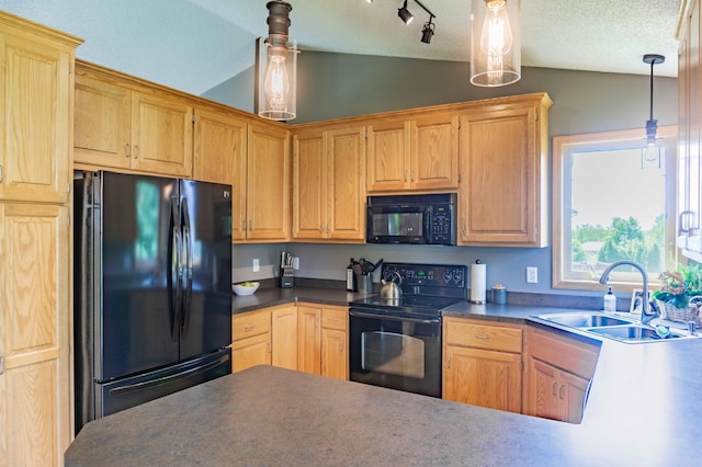 1918 Silver St, Waconia, MN 55387 - kitchen with black appliances, a sink, lofted ceiling, dark countertops, and a textured ceiling