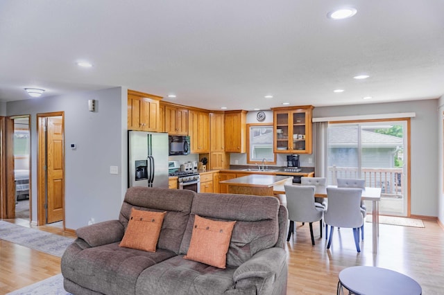 319 Casper Cir, Norwood Young America, MN 55368 - kitchen featuring appliances with stainless steel finishes, open floor plan, a sink, glass insert cabinets, and recessed lighting