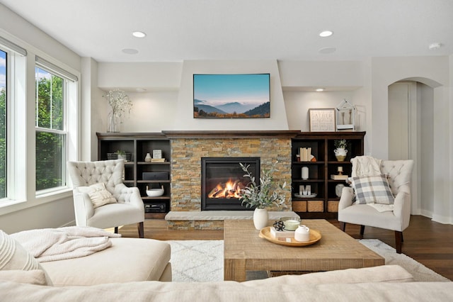 16632 Early Dawn Trl, Lakeville, MN 55044 - living room with wood finished floors, arched walkways, a fireplace, baseboards, and recessed lighting