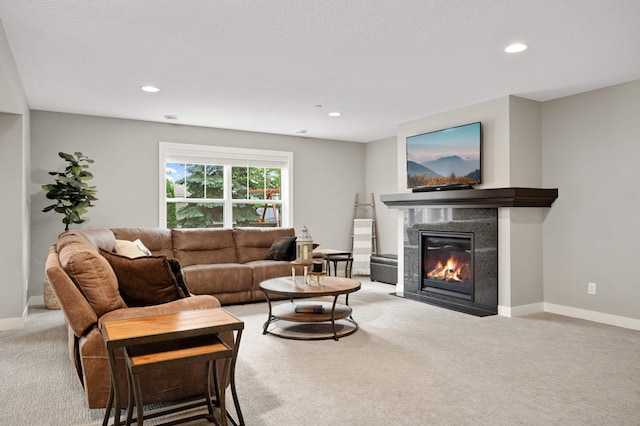 16632 Early Dawn Trl, Lakeville, MN 55044 - living area featuring light carpet, a tile fireplace, recessed lighting, and baseboards