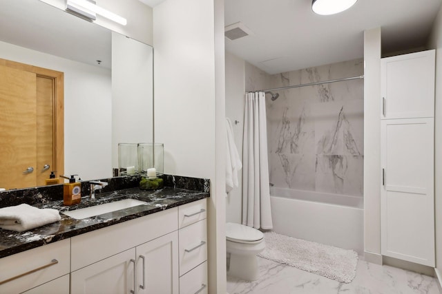 401 2nd St Unit 208, Minneapolis, MN 55401 - bathroom featuring vanity, toilet, marble finish flooring, and shower / bath combination with curtain
