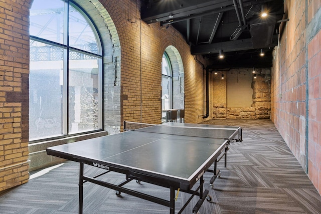 401 2nd St Unit 208, Minneapolis, MN 55401 - game room featuring carpet floors, healthy amount of natural light, a towering ceiling, brick wall, and track lighting