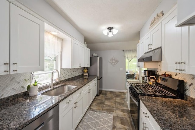 2575 Quebec Ave S, Saint Louis Park, MN 55426 - kitchen featuring appliances with stainless steel finishes, a sink, under cabinet range hood, and backsplash