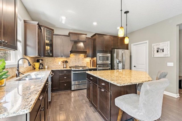 14143 Ailesbury Ave, Rosemount, MN 55068 - kitchen with appliances with stainless steel finishes, premium range hood, dark brown cabinetry, dark wood-style flooring, and a kitchen breakfast bar