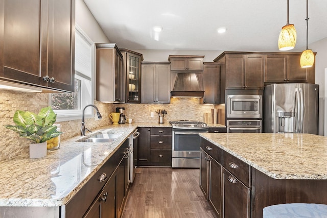 14143 Ailesbury Ave, Rosemount, MN 55068 - kitchen with appliances with stainless steel finishes, premium range hood, dark wood-style floors, and dark brown cabinetry