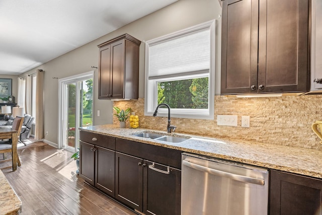 14143 Ailesbury Ave, Rosemount, MN 55068 - kitchen with dishwasher, dark wood finished floors, dark brown cabinets, and plenty of natural light
