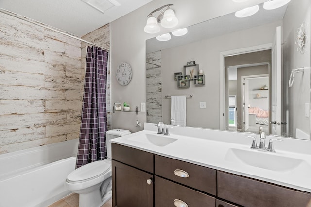 14143 Ailesbury Ave, Rosemount, MN 55068 - full bath with double vanity, shower / tub combo with curtain, and wood walls