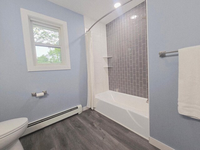 2710 Garden Ln, Mound, MN 55364 - bathroom with wood finished floors, shower / bath combination with curtain, and baseboard heating
