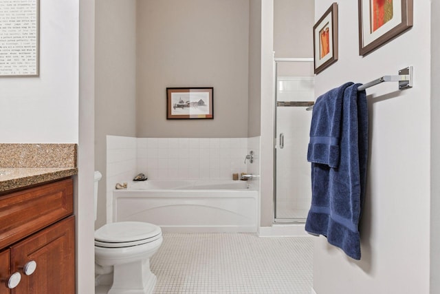 301 Clifton Ave Unit 1K, Minneapolis, MN 55403 - bathroom with a garden tub, tile patterned flooring, toilet, vanity, and a shower stall