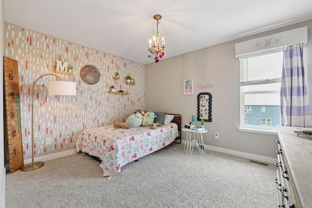 515 Goldenrod Trl, Waconia, MN 55387 - carpeted bedroom featuring wallpapered walls, a chandelier, and baseboards