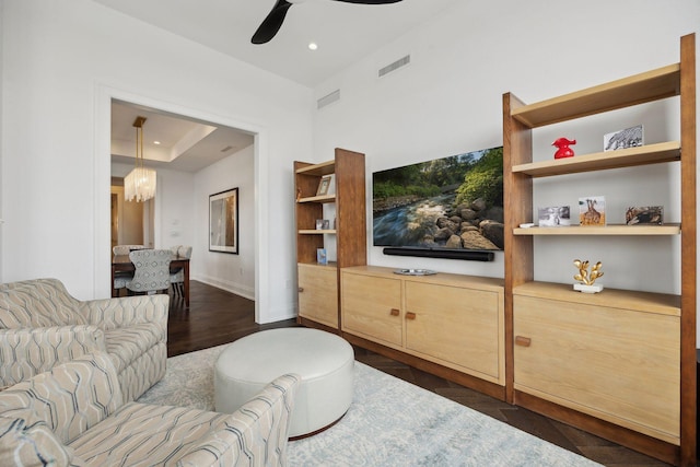 1111 River Pkwy Unit 26C, Minneapolis, MN 55415 - living room featuring a chandelier, baseboards, ceiling fan, dark wood finished floors, and recessed lighting