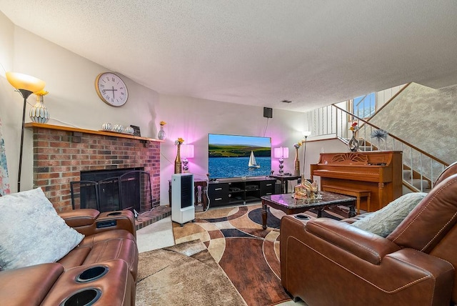 8712 Cottonwood Ln, Maple Grove, MN 55369 - living room with a brick fireplace, a textured ceiling, and stairway