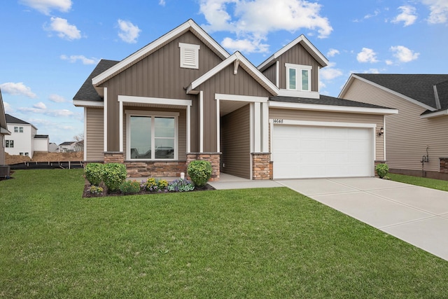 14648 105th Cir N, Maple Grove, MN 55369 - craftsman-style house featuring driveway, board and batten siding, stone siding, a front yard, and central AC unit