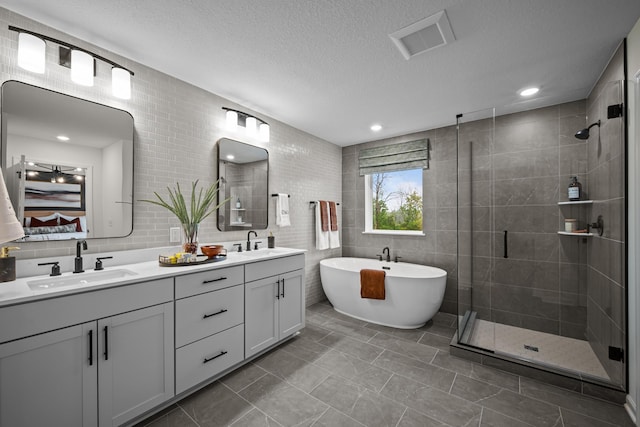 14810 106th Ave N, Maple Grove, MN 55369 - full bathroom featuring tile walls, a stall shower, double vanity, a freestanding tub, and a textured ceiling