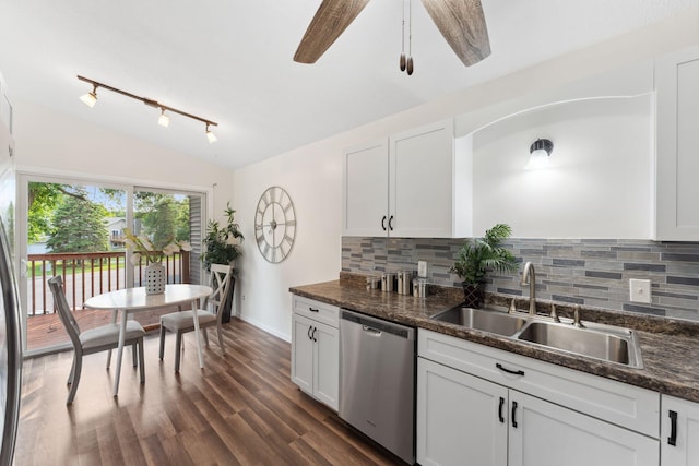 583 97th Ln NE, Blaine, MN 55434 - kitchen with dishwasher, a sink, rail lighting, ceiling fan, and backsplash