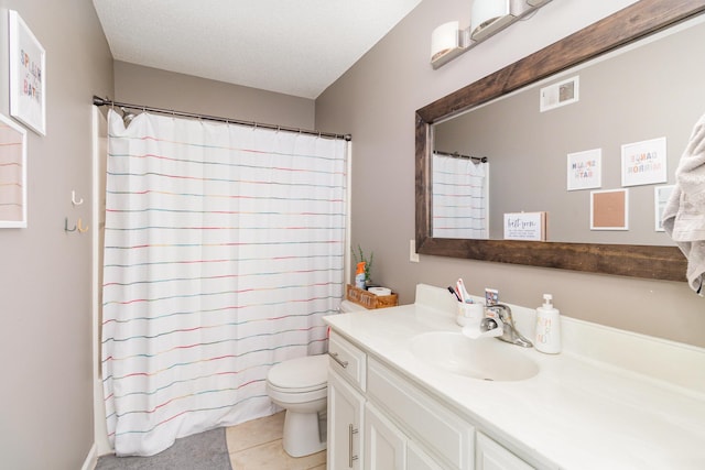 414 Bremen Pass, Waverly, MN 55390 - bathroom with vanity, toilet, tile patterned flooring, a shower with curtain, and a textured ceiling