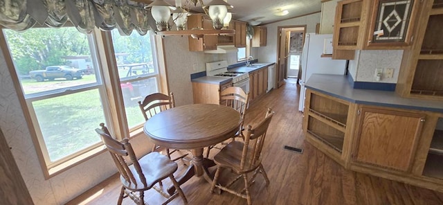 68005 County Road 3, Bandon Twp, MN 55332 - kitchen featuring white appliances, light wood finished floors, brown cabinetry, a sink, and vaulted ceiling