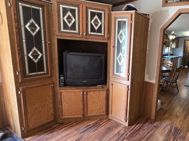 68005 County Road 3, Bandon Twp, MN 55332 - detailed view of wood finished floors, a wainscoted wall, and a sink
