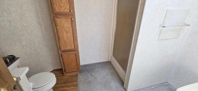 68005 County Road 3, Bandon Twp, MN 55332 - full bath featuring toilet, a shower stall, and wood finished floors