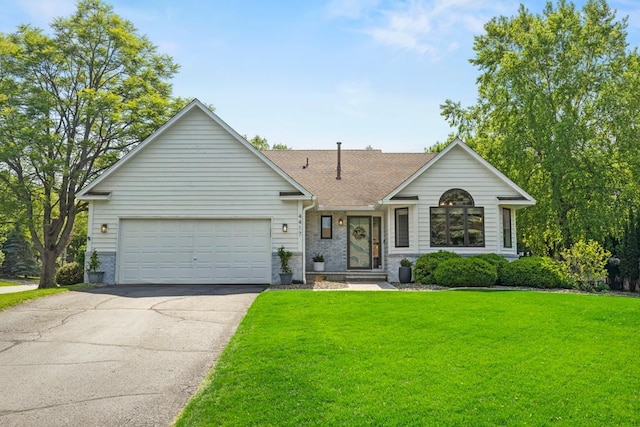 4417 Braddock Trl, Eagan, MN 55123 - ranch-style home with an attached garage, driveway, a front lawn, roof with shingles, and brick siding