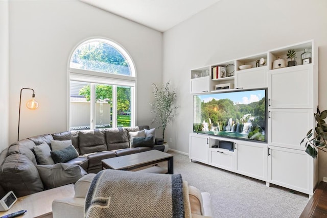 4417 Braddock Trl, Eagan, MN 55123 - carpeted living room featuring high vaulted ceiling and baseboards